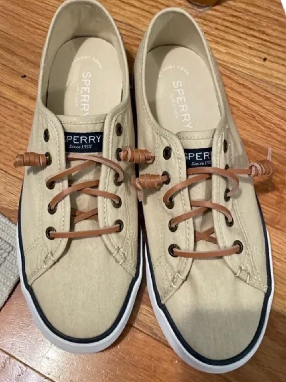 Sperry | Beige Canvas Boat Shoes with Brown Leather Laces
